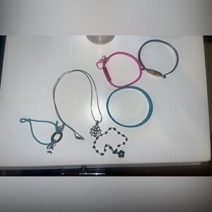Silver Lotus Pendant Necklace with Teal and Pink Accent Bracelets
